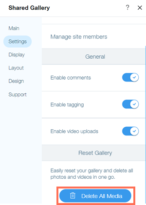 Una captura de pantalla que muestra el botón Eliminar todos los archivos multimedia en el panel de configuración de la aplicación Galería compartida en el editor.