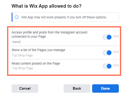 A screenshot showing how to select permissions for the Instagram Feed app