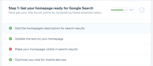 La lista de verificación de SEO muestra un indicador de que se ha omitido un paso.