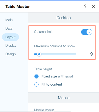 A screenshot of the Table Master app layout settings