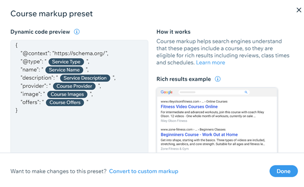 A preset markup for a Wix Bookings services page