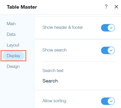 Screenshot delle impostazioni di visualizzazione dell'app Table Master