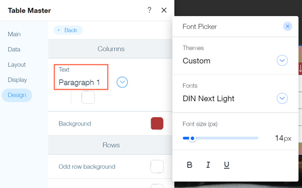 Una captura de pantalla de la configuración del diseño y cómo cambiar la fuente.