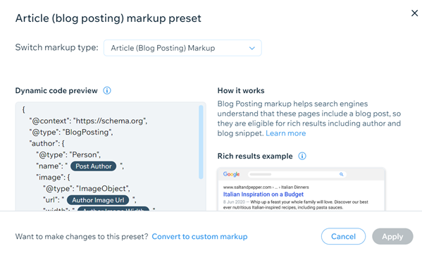 Un markup predefinito per un post di Wix Blog