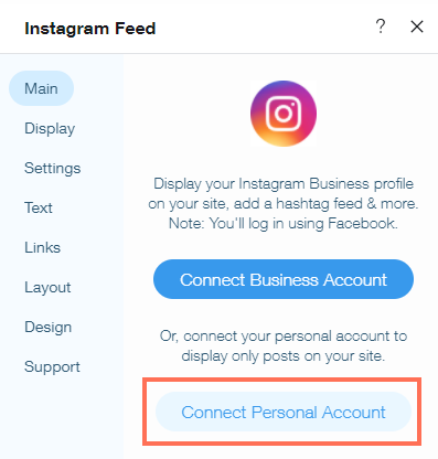 ההגדרות של אפליקציית Instagram Feed שמציגות את הכפתור Connect Personal Account (חיבור חשבון אישי).