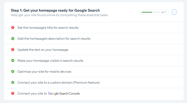 A screenshot of Step 1 of the SEO Wiz in your site's dashboard