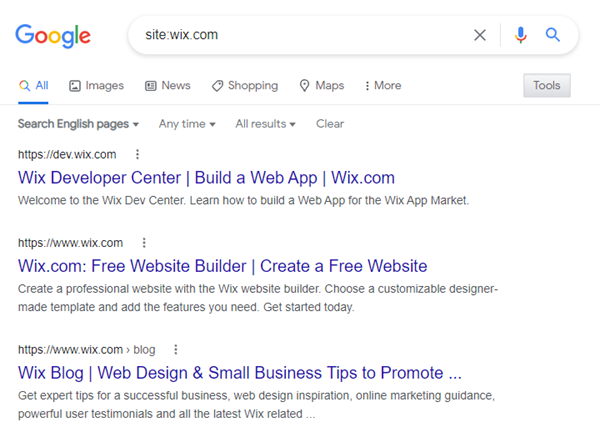 A screenshot of the Google search results for site:wix.com