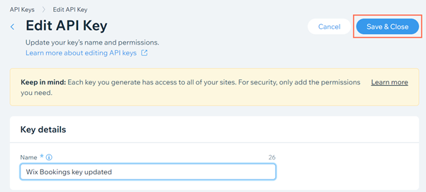 Une capture d'écran de l'enregistrement des modifications apportées à une clé API