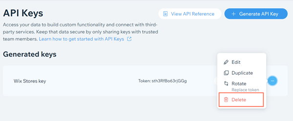 A screenshot of deleting an API key