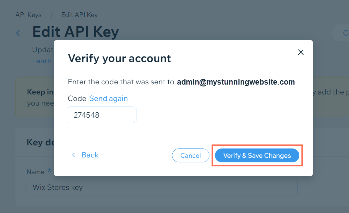 A screenshot of verifying changes to an API key