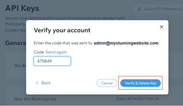 A screenshot of verifying deleting an API key