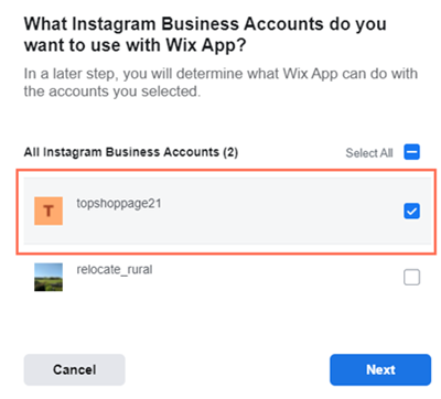Instagram ビジネスアカウントを選択する方法を示したスクリーンショット