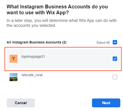 A screenshot showing how to select your Instagram Business account