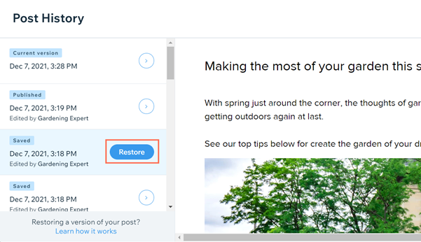 Image of the Restore button on a blog post version.