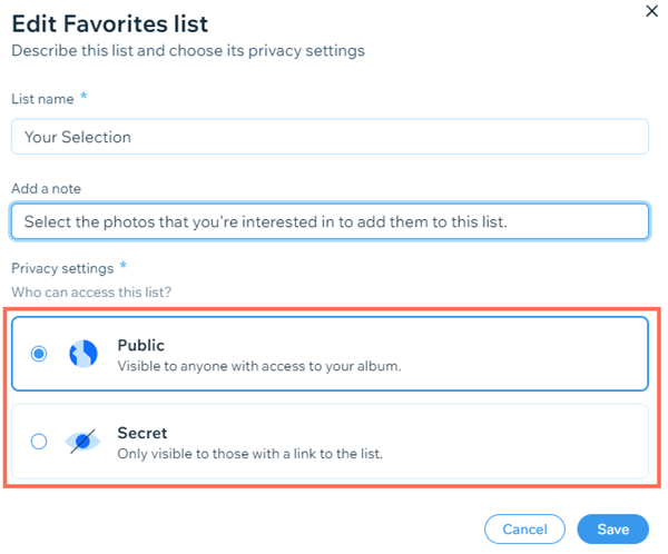 A screenshot of the edit favorite lists setting panel showing how to edit the list name and change privacy settings.