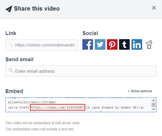 A screenshot showing the Vimeo share settings and the embed code.