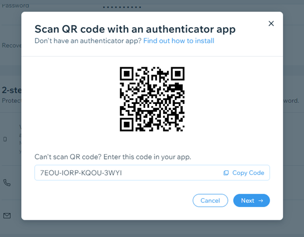 Ein Bildschirmfoto zeigt einen QR-Code, der generiert wird, wenn die Zwei-Schritt-Verifizierung mit einer Authentifizierungs-App in einem Konto bei Wix eingerichtet wird.