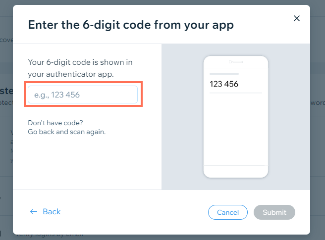 Ein Bildschirmfoto zeigt, wie du die Zwei-Schritt-Verifizierung mit einer Authentifizierungs-App in einem Konto bei Wix einrichtest.