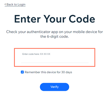 Ein Bildschirmfoto zeigt eine Aufforderung von Wix, einen Authentifizierungscode einzugeben, die erscheint, wenn du dich mit einer Authentifizierungs-App anmeldest.