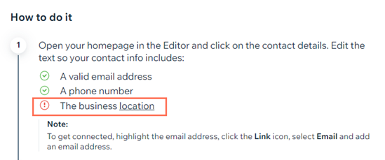 A screenshot showing the business location not being filled out in the SEO Setup Checklist