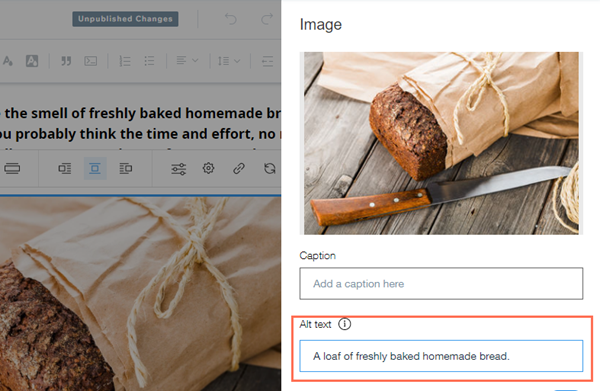 A screenshot showing alt text added to an image in a blog post.