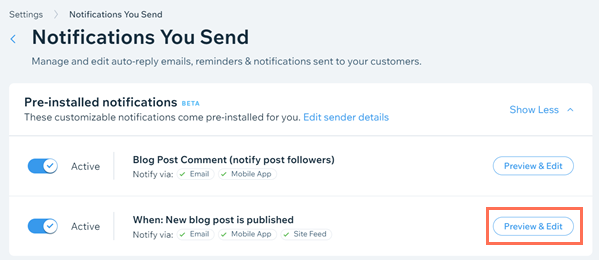 A screenshot of the Preview and Edit button in the notifications you send section of your dashboard.