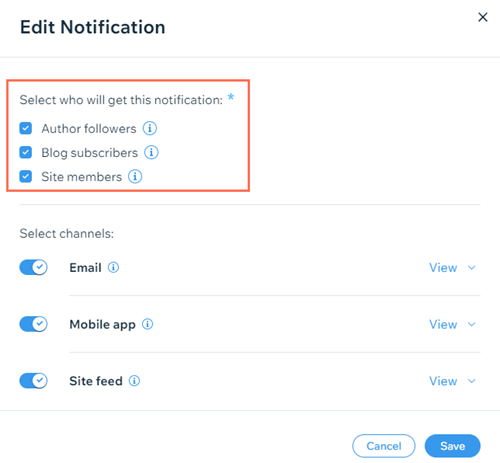 A screenshot showing the option to select or deselect for who receives the notifications.