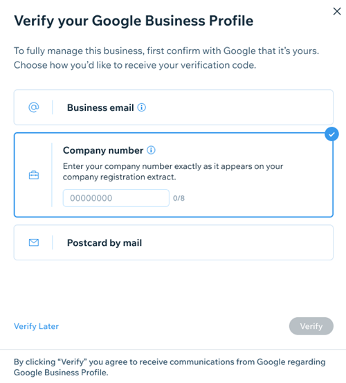 Entering your Business Registration Number on the verification pop-up.