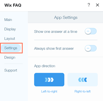 Settings tab of the FAQ app's settings panel.