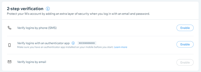 Options de vérification en 2 étapes pour votre compte Wix.