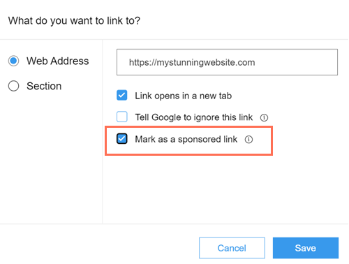 Adding the sponsored link rel attribute to a link.