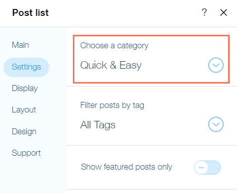 Selecting a category for your post list.