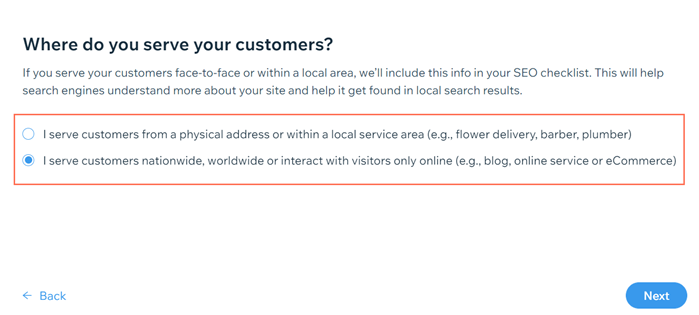 Seleccionar dónde sirves a tus clientes en el SEO Wiz.