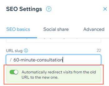 Enabling an automatic redirect setting when you change a booking service's URL slug