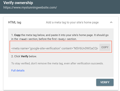 Getting a verification meta tag from Google Search Console.