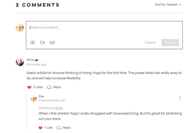 Exemples de commentaires sur un post de blog Wix