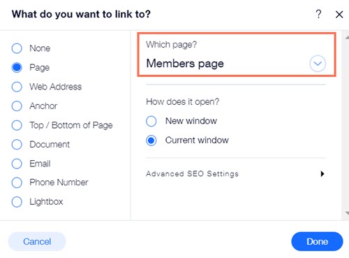 Selecting a members-only page to link a button to