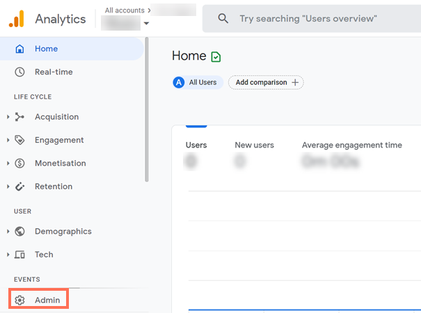 גישה לאזור ה-Admin בחשבון Google Analytics