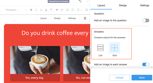 Selecting a List or Grid layout for your poll answers