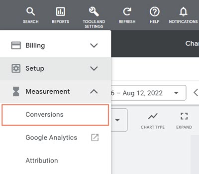 Selecting conversions from the Tools and Settings menu in Google Ads