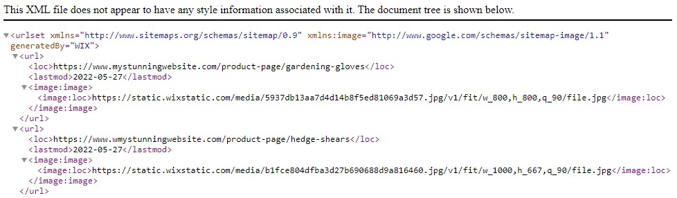 Esempio di sitemap di Wix Stores