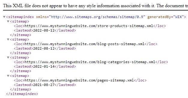 Ejemplo de un índice de sitemaps