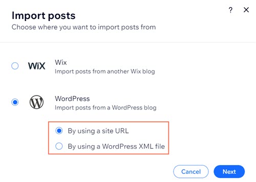 Selecting to import posts from a URL or an XML file