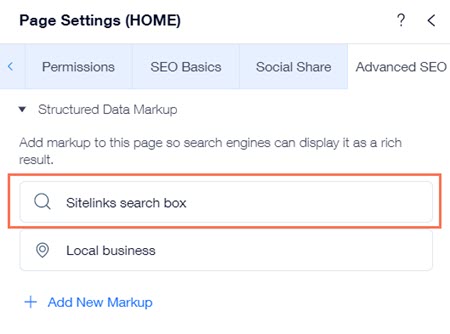 A screenshot of the Sitelinks search box markup in your page's Advanced SEO settings.