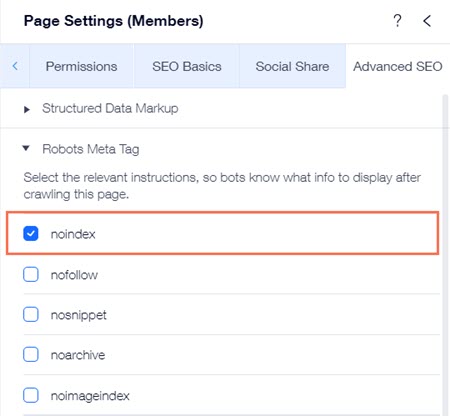 Adding a noindex robots meta tag to a page in your Editor