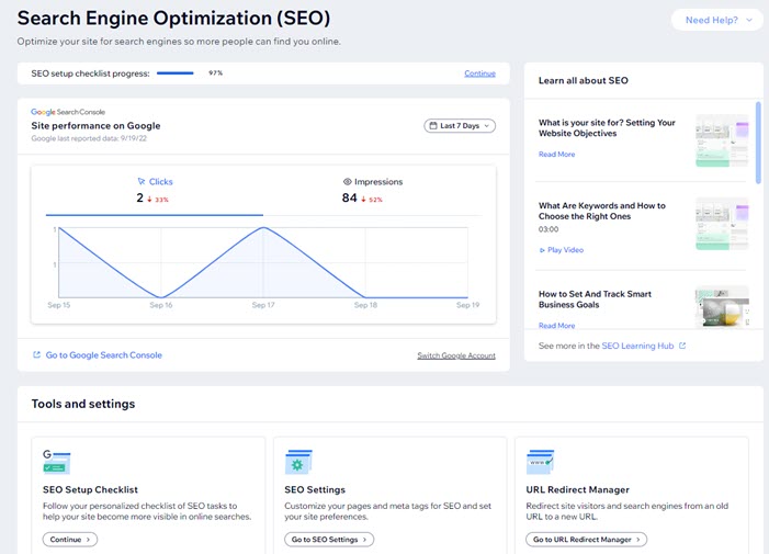 A seção de otimização dos motores de busca (SEO) no painel de controle do seu site