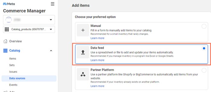 Seleccionar la fuente de datos en Meta Commerce Manager