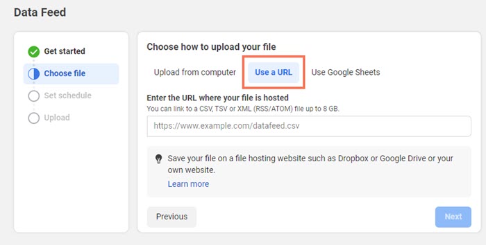 Selecionando para usar um URL para o seu feed de dados no Gerenciador de Comércio