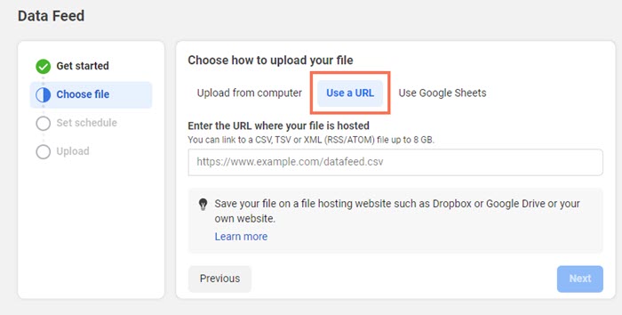 Selecting to use a URL for your data feed in Meta Commerce Manager