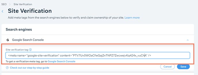 Aggiunta di un meta tag di verifica nello strumento di verifica del sito.